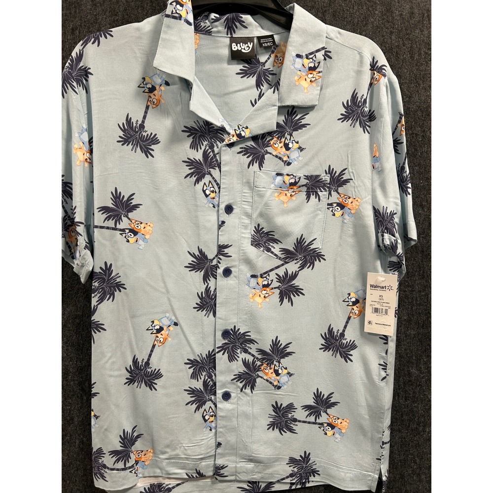 Bluey Button Down Shirt Men XS Blue Bingo Palm Trees Hawaian Camp Collar